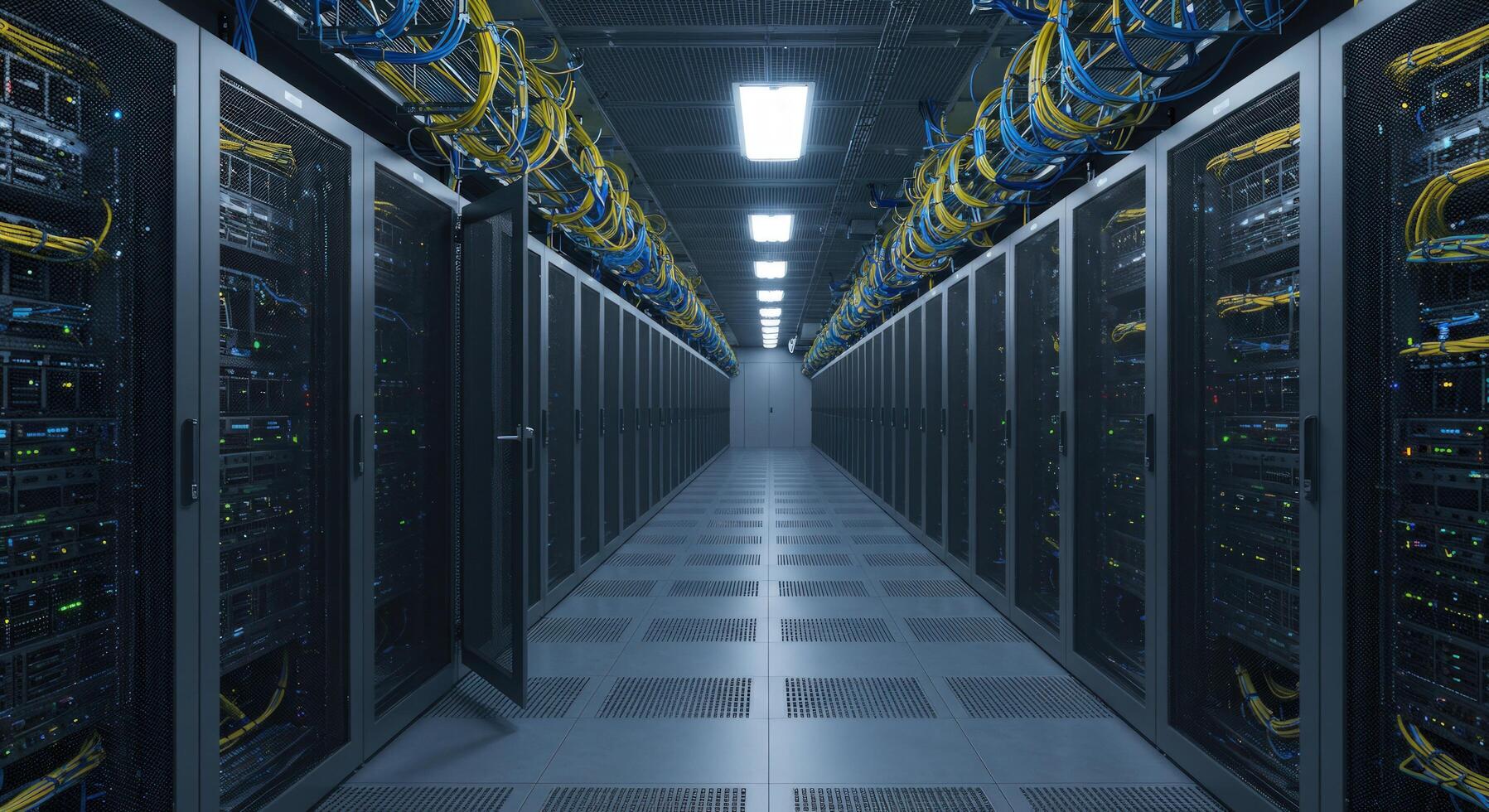 Close-up of server racks with blinking lights and network cables in a modern data center