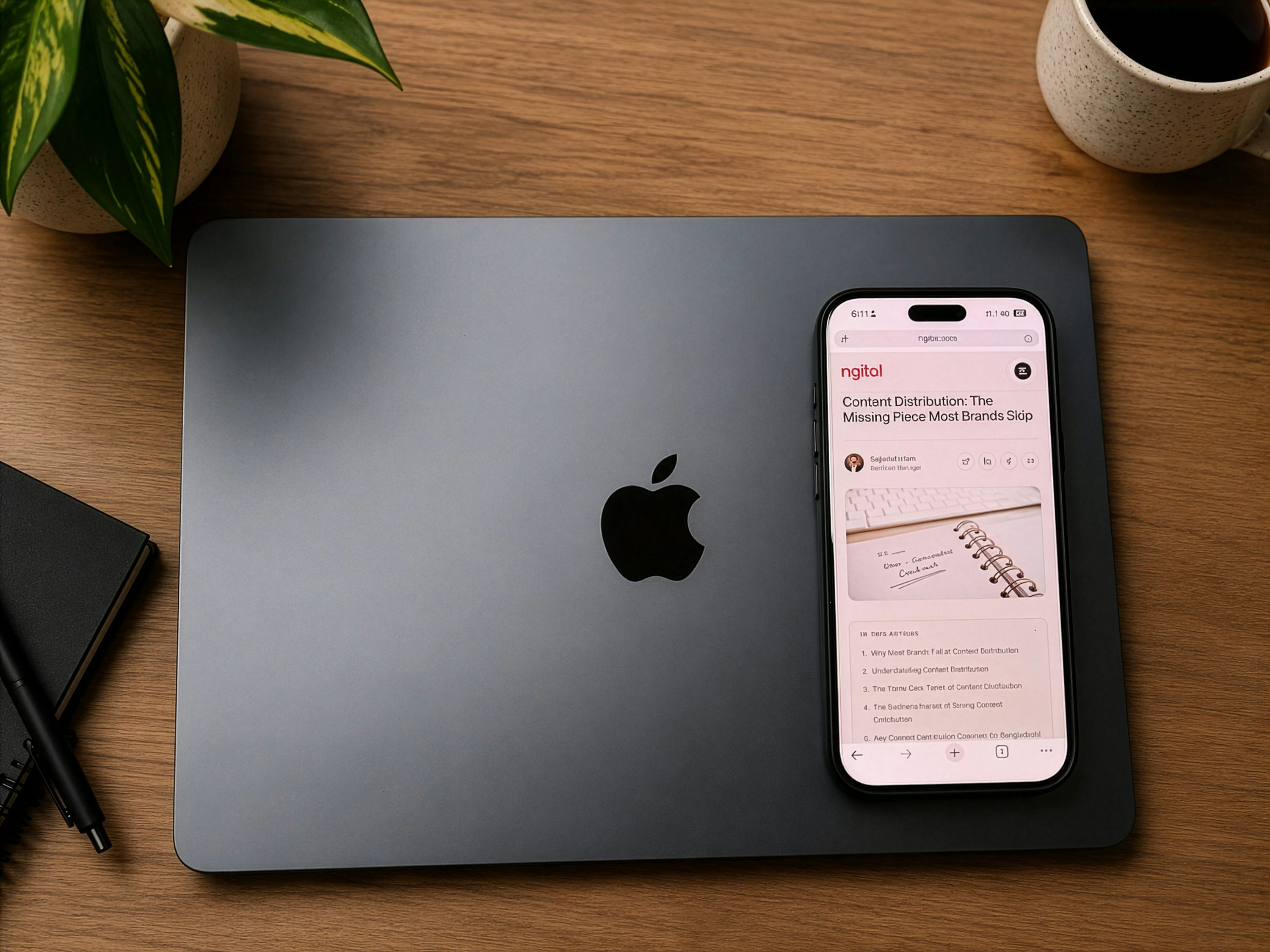 A sleek Apple iPhone resting on a wooden desk next to a steaming cup of coffee and an open notebook, symbolizing modern productivity.