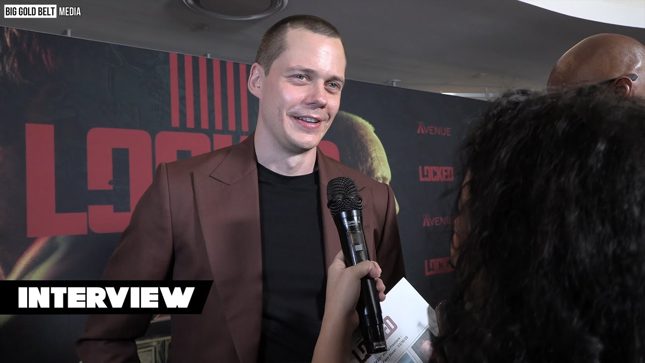 Actor Bill Skarsgård standing on a red carpet holding a microphone with a digital AI hologram projection floating beside him in a modern studio setting