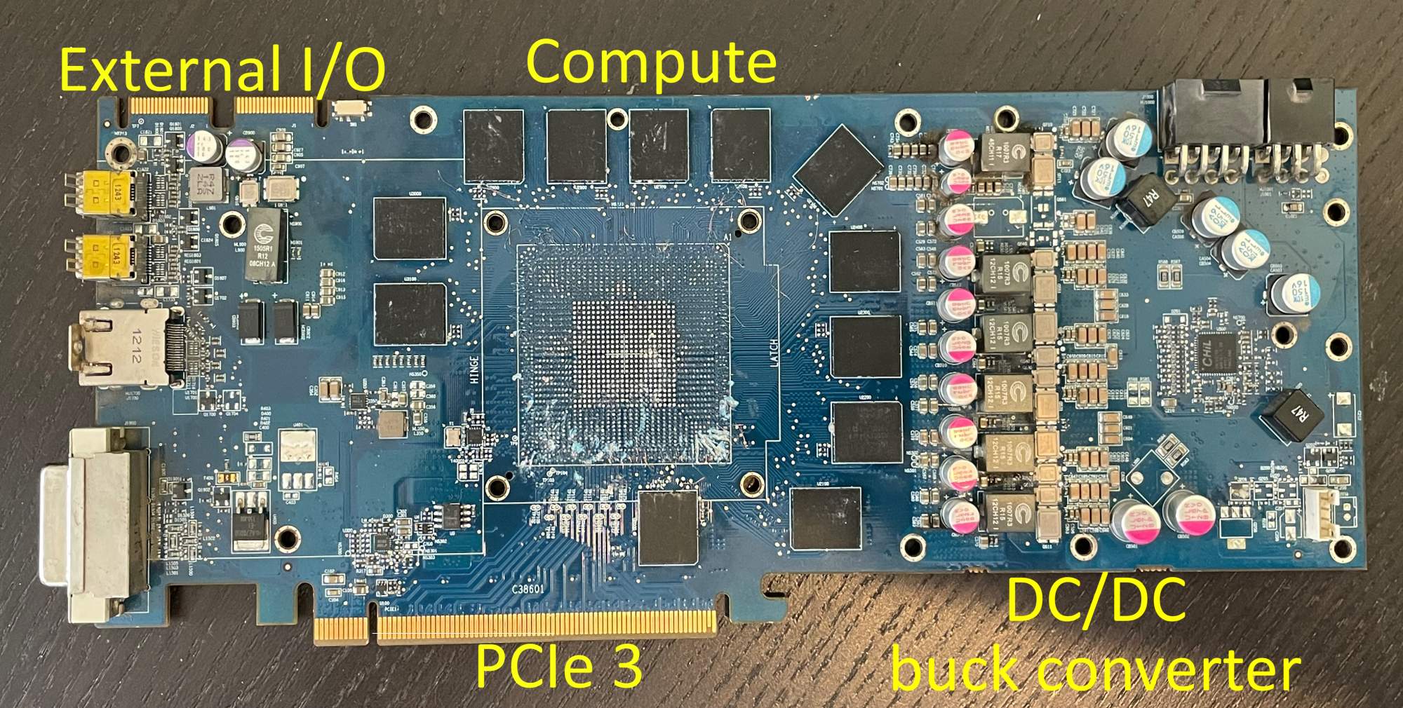 Close-up of an AMD Radeon graphics processing unit installed in a server rack within a modern data center, showing intricate circuitry and cooling fans.