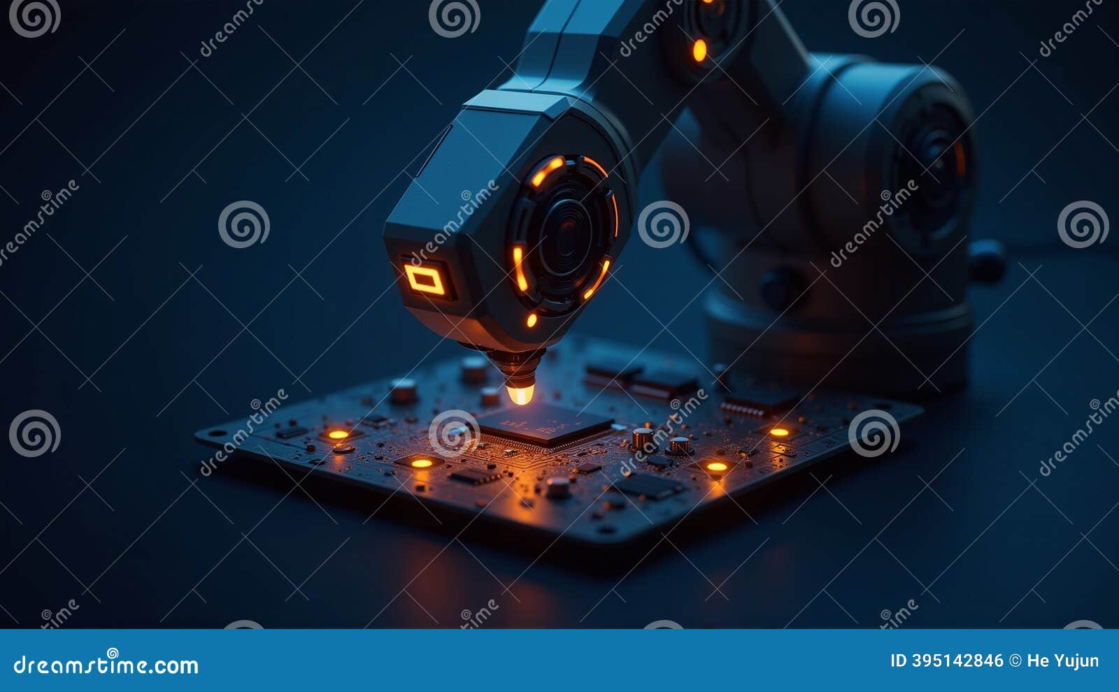 Un gros plan sur un bras robotique assemblant avec précision une puce microélectronique sur une carte de circuit dans un atelier sombre aux accents néon