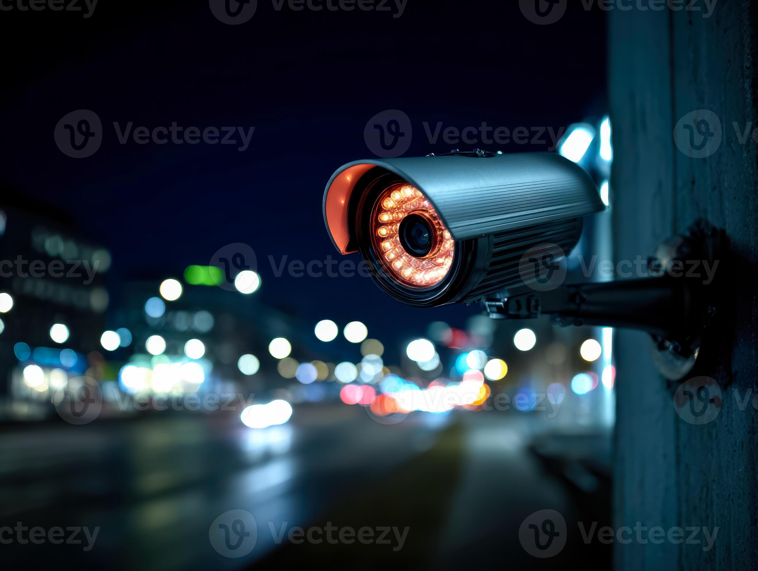 Une caméra de sécurité moderne et élégante montée sur un mur en brique la nuit avec des lumières de ville floues en arrière-plan