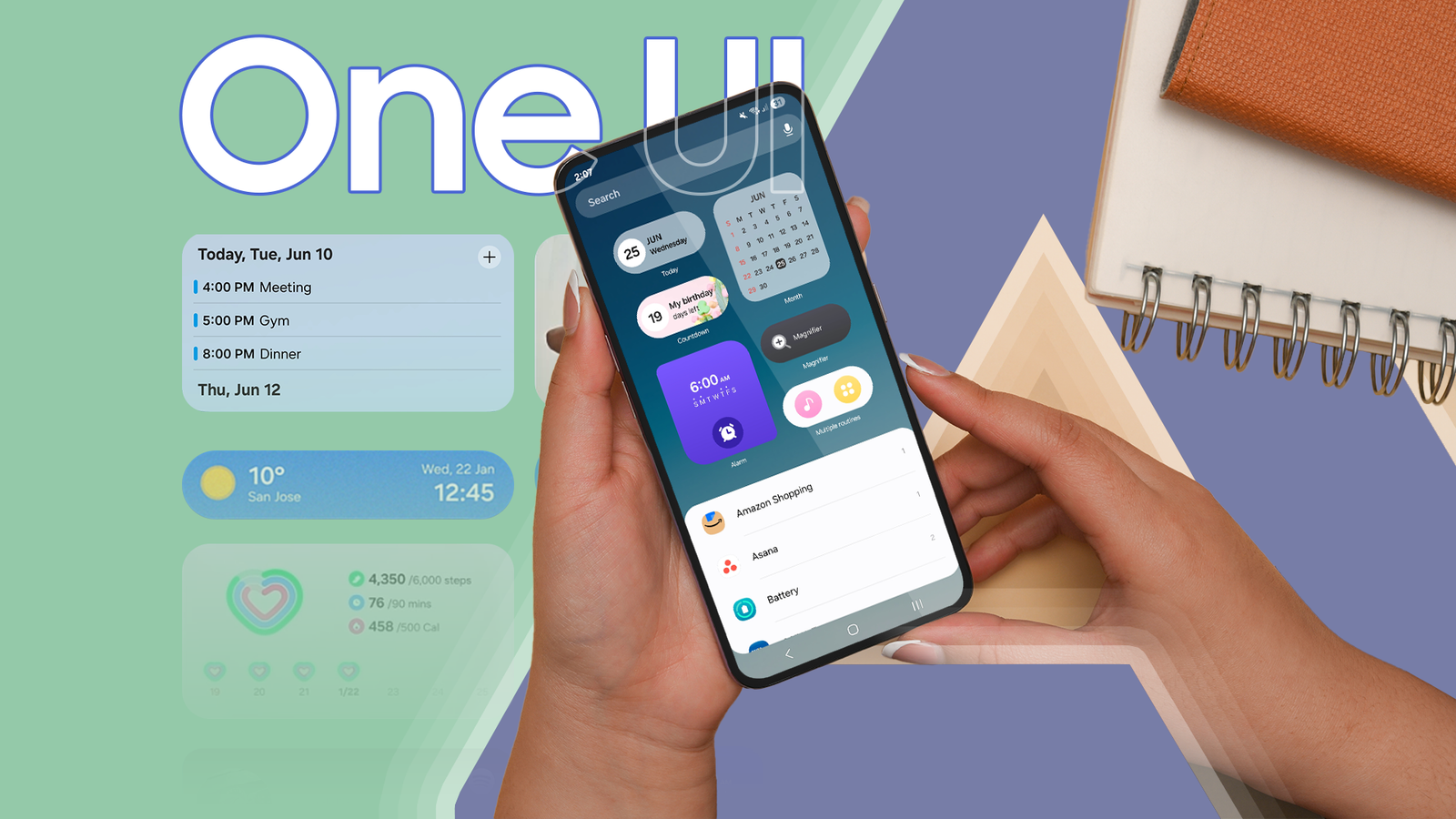 Close-up of a Samsung smartphone displaying a futuristic One UI interface with AI-driven widgets and smooth animations against a blurred city background