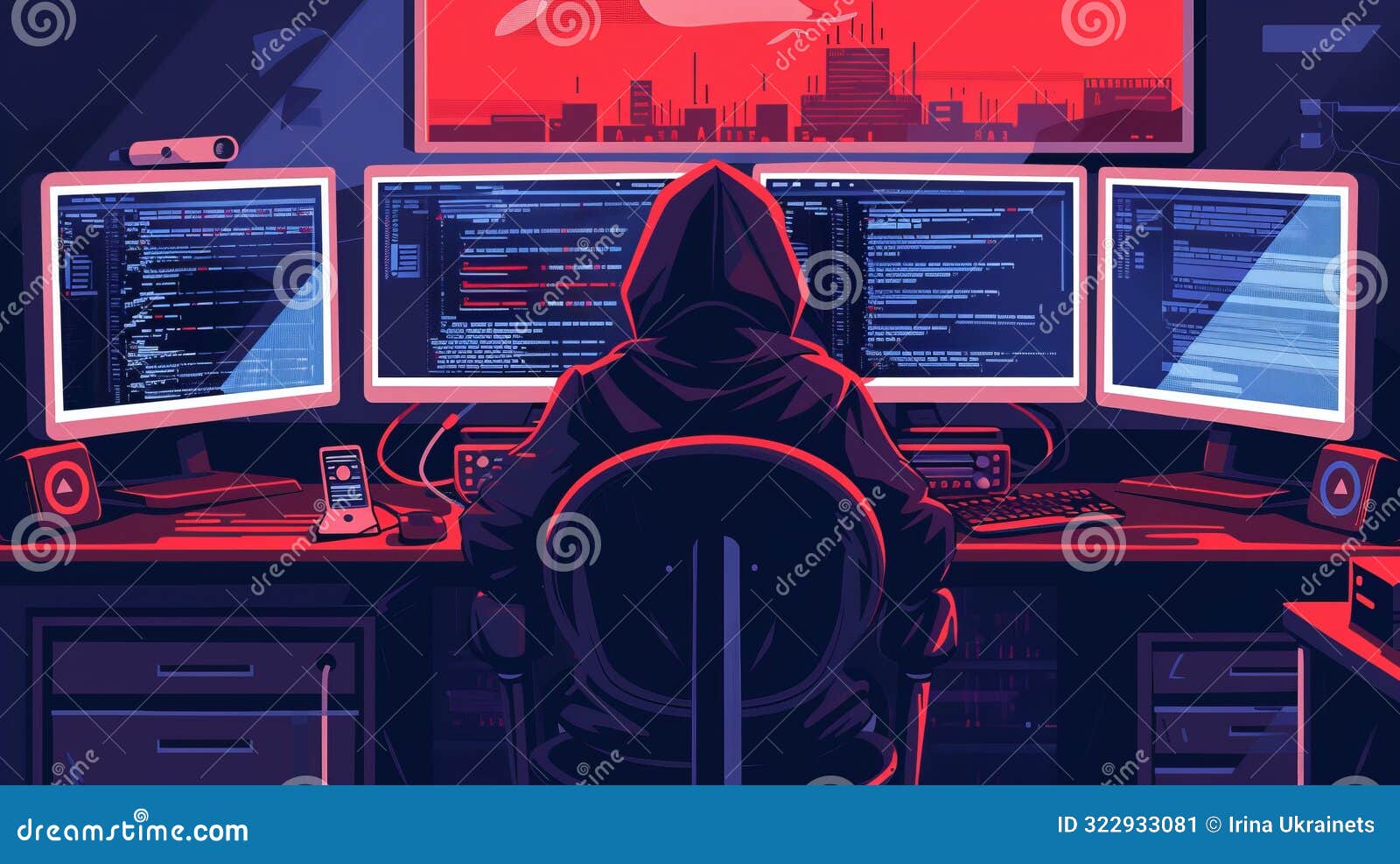 A dimly lit server room with glowing blue screens displaying lines of code and a silhouette of a person working at a desk, representing digital security threats.