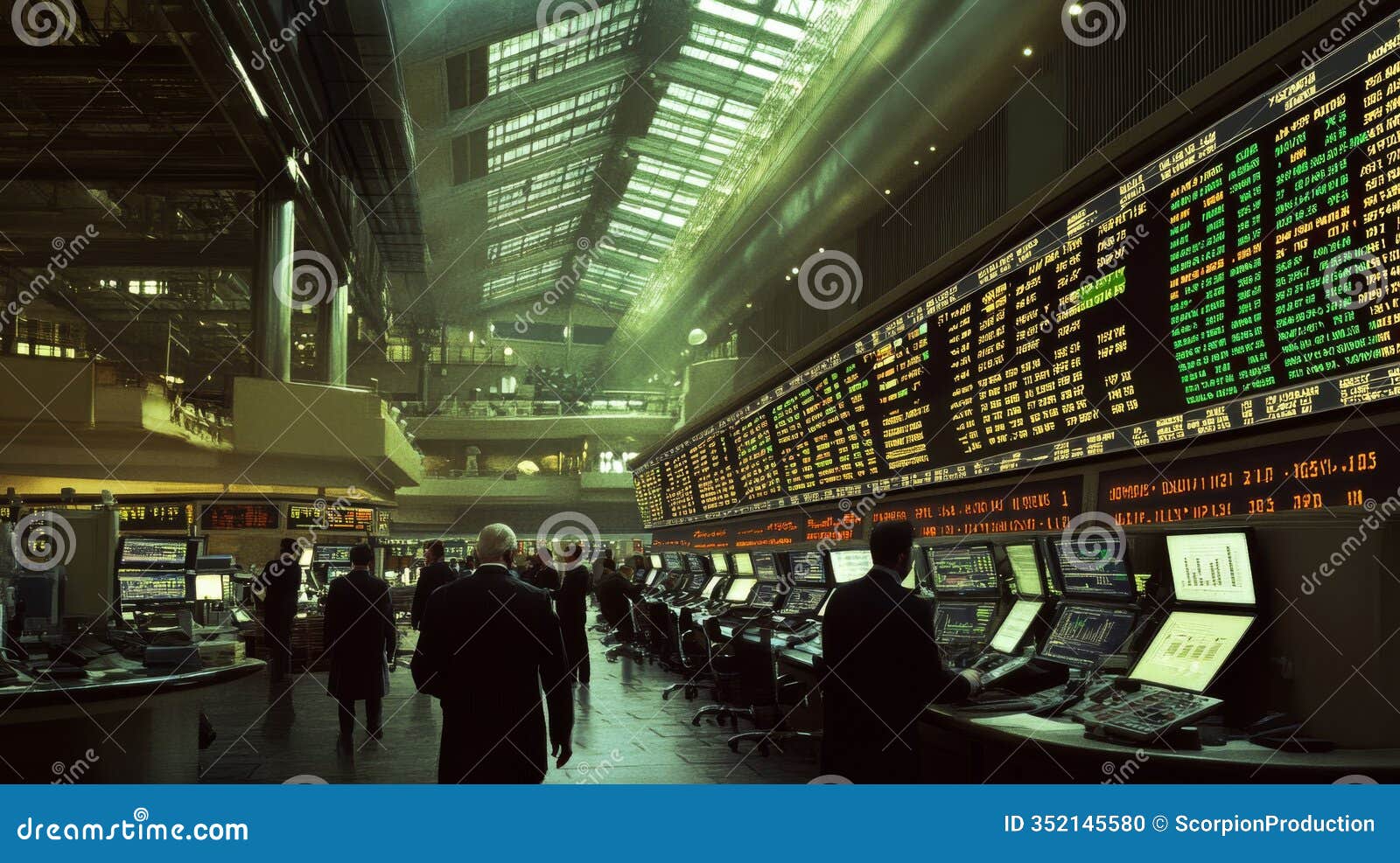Planche de trading animée avec plusieurs écrans numériques affichant des données financières et des graphiques