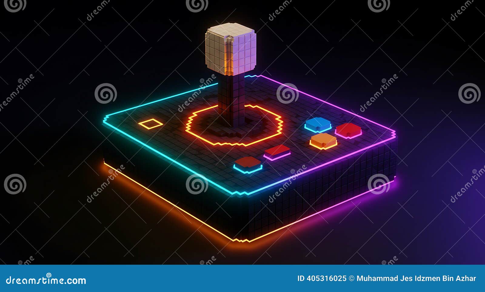 Une manette de jeu moderne émettant une lueur bleue néon posée sur un bureau sombre, entourée d'écrans flous affichant des interfaces futuristes.