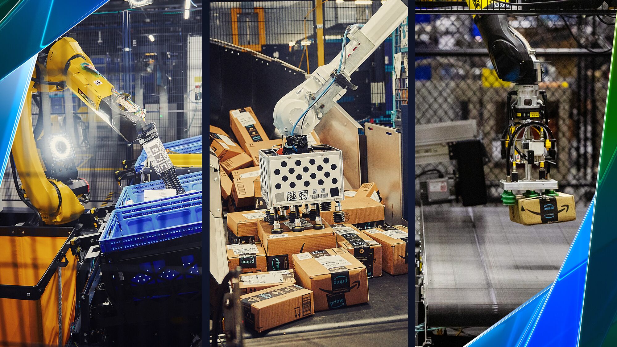 A robotic arm on a conveyor belt sorting packages in a modern Amazon fulfillment center in the United Kingdom, with blue and yellow branding visible.