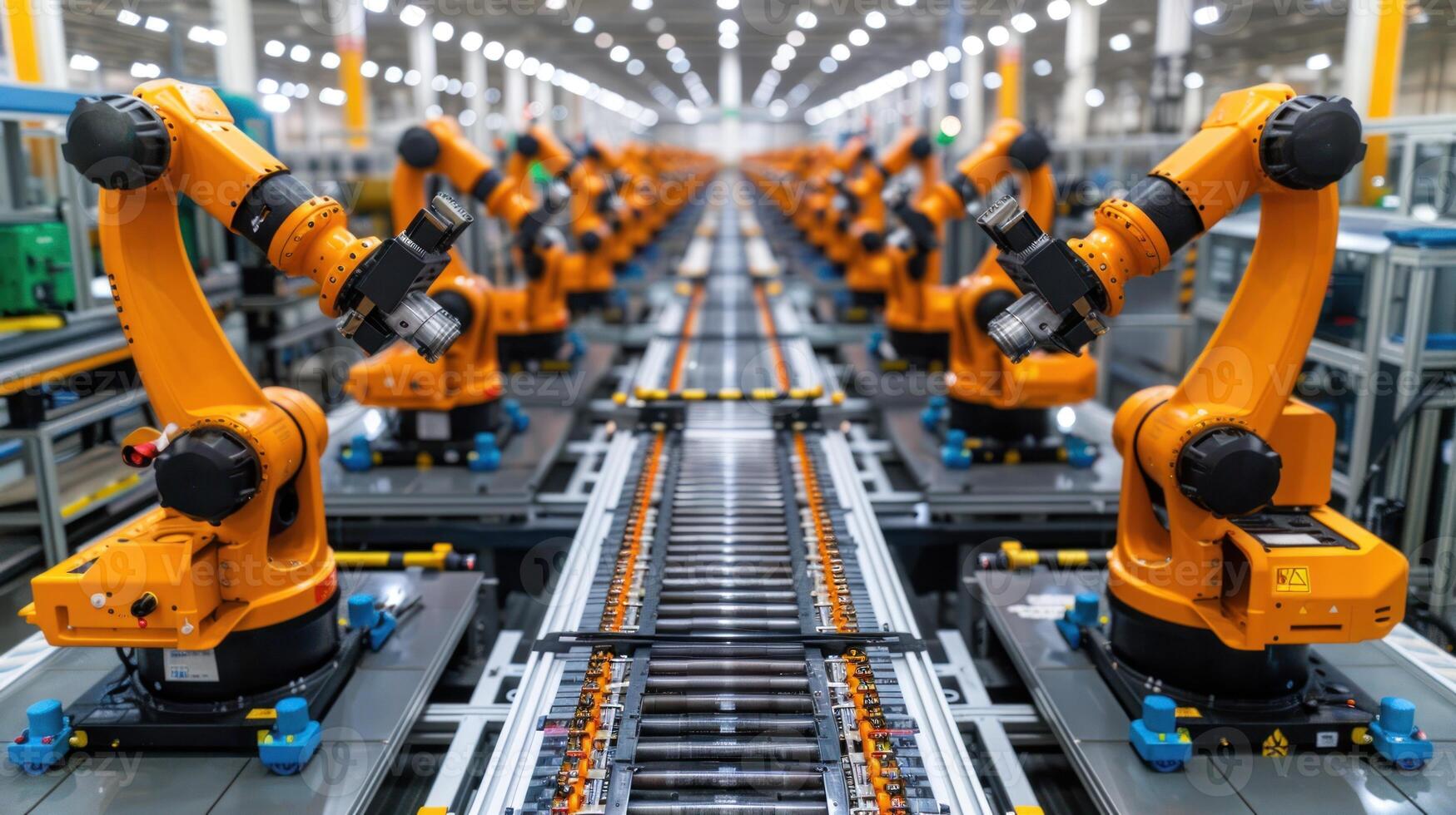 A robotic arm in motion on a modern UK manufacturing floor, surrounded by industrial machinery and soft overhead lighting