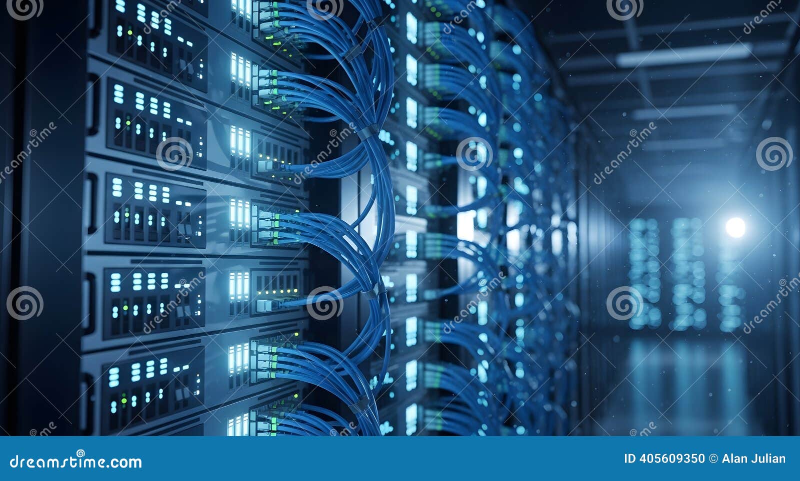 Rangées de baies serveurs clignotantes dans un centre de données sombre avec des câbles Ethernet colorés