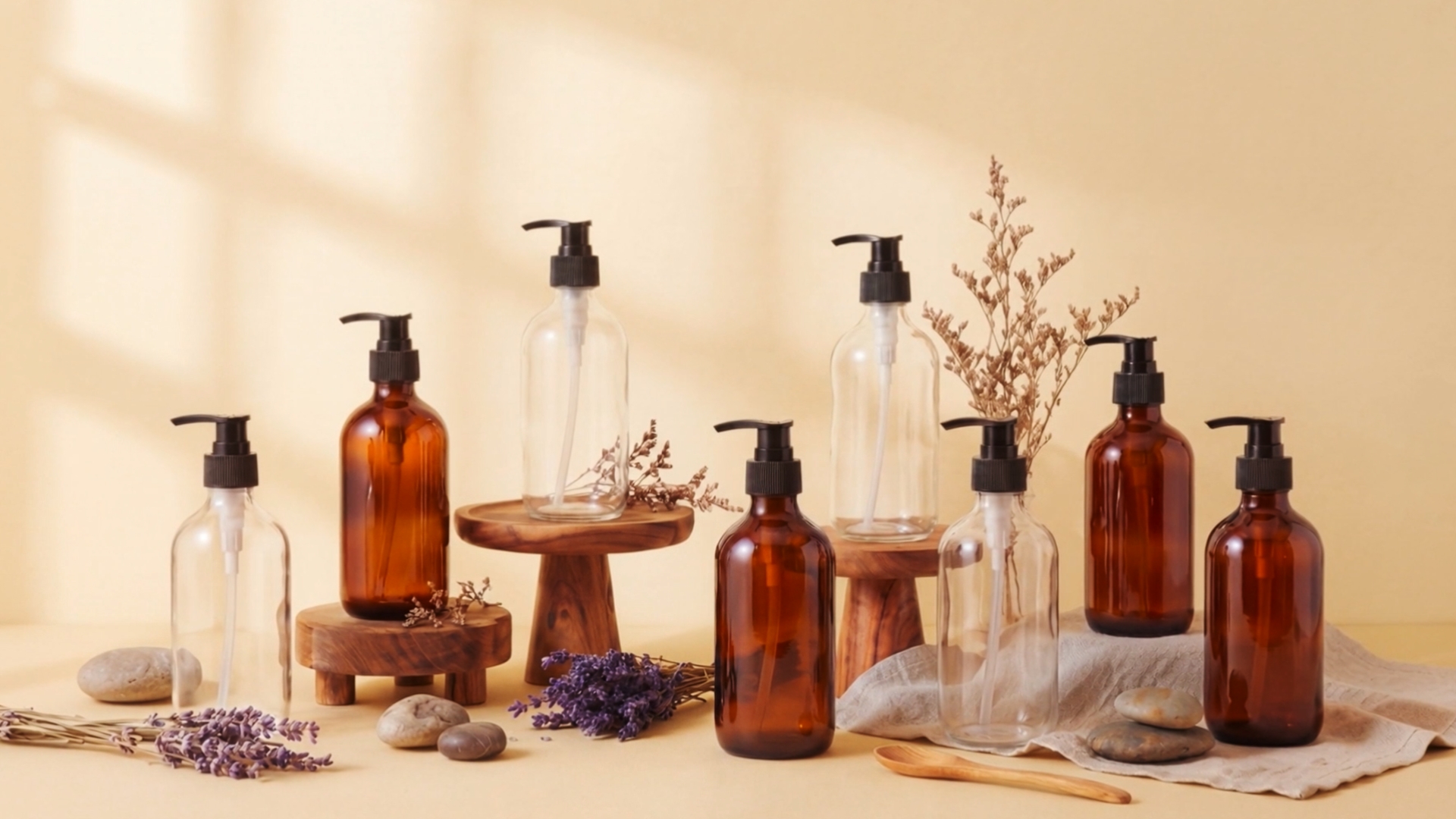 Close-up of various hand soap bottles sitting on a cluttered bathroom counter, one bottle featuring a prominent red recall sticker